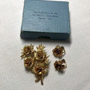 Vintage Rose Bouquet Flowers Brooch  clip on earrings Gold tone